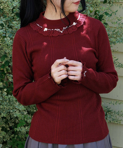Rose Bottle Neck Rib Knit Top