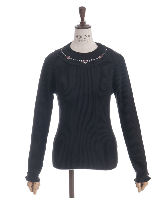 Rose Bottle Neck Rib Knit Top