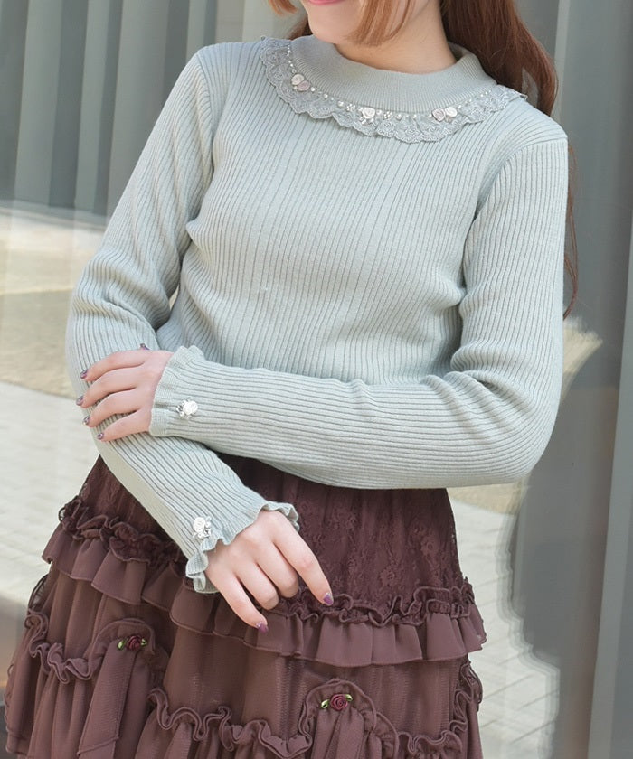 Rose Bottle Neck Rib Knit Top