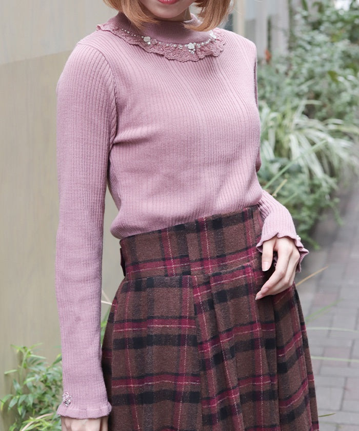 Rose Bottle Neck Rib Knit Top