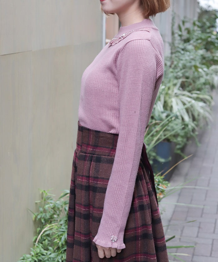 Rose Bottle Neck Rib Knit Top