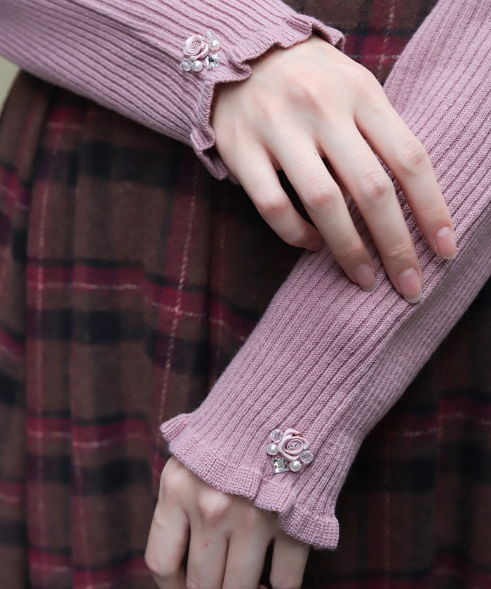 Rose Bottle Neck Rib Knit Top