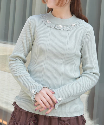 Rose Bottle Neck Rib Knit Top
