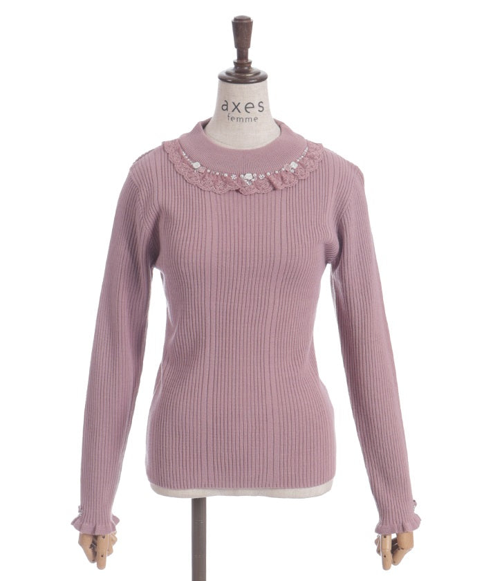 Rose Bottle Neck Rib Knit Top