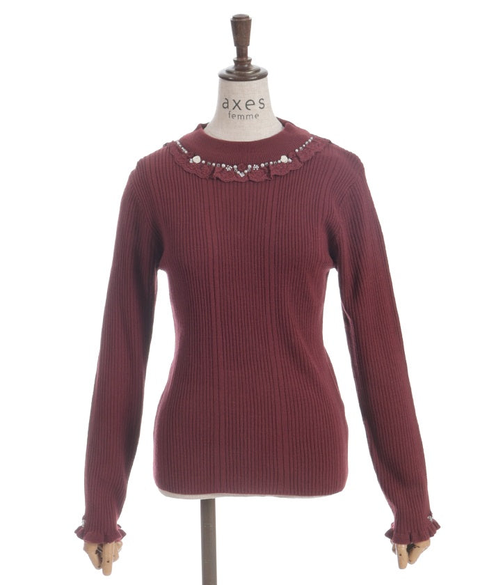 Rose Bottle Neck Rib Knit Top