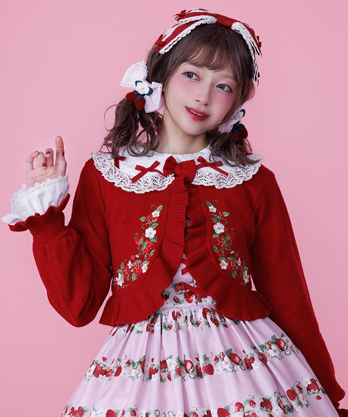 axes femme いちごスイーツ柄ワンピース カーディガンセット3日間 Strawberry Embroidery Knit Bolero – axes femme from JAPAN
