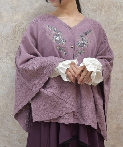 Rose Embroidery Knit Poncho