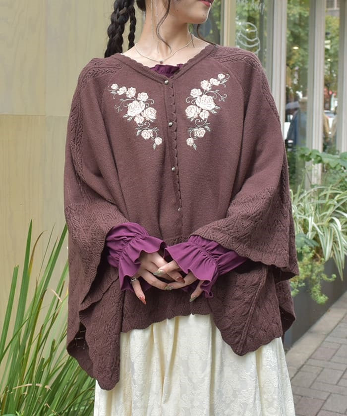 Rose Embroidery Knit Poncho – axes femme from JAPAN