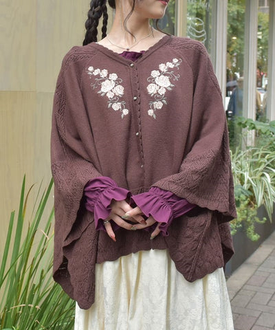 Rose Embroidery Knit Poncho