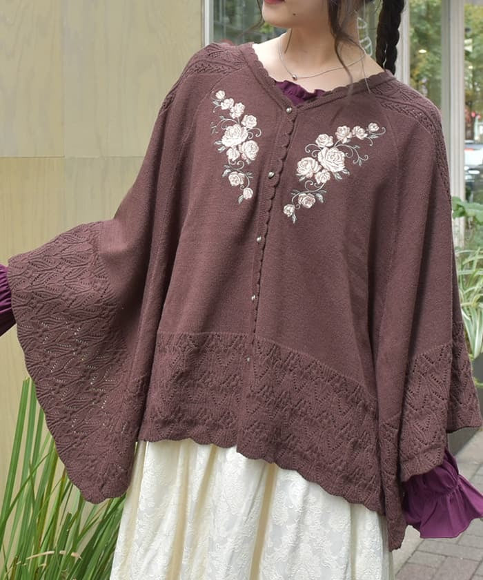 Rose Embroidery Knit Poncho