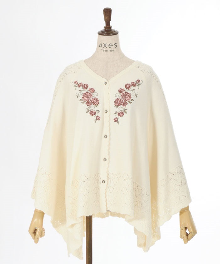 Rose Embroidery Knit Poncho