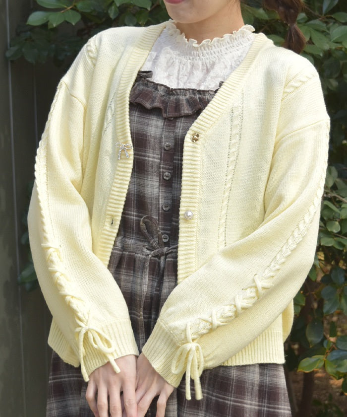 【ANDMARY】Lacey ribbon cardigan(beige_F) Ribbon Button Lace-Up Knit Cardigan – axes femme from JAPAN