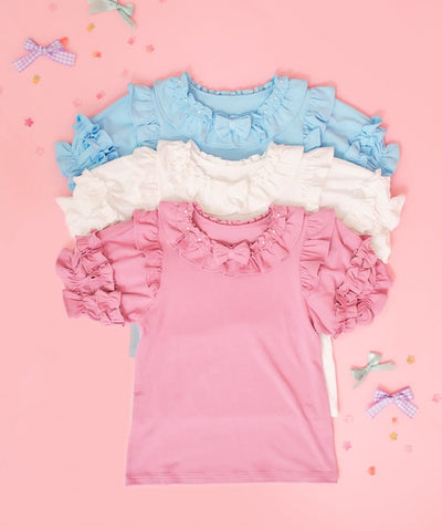 Frill Ribbon Short Sleeve Cut-and-Sewn Pullover