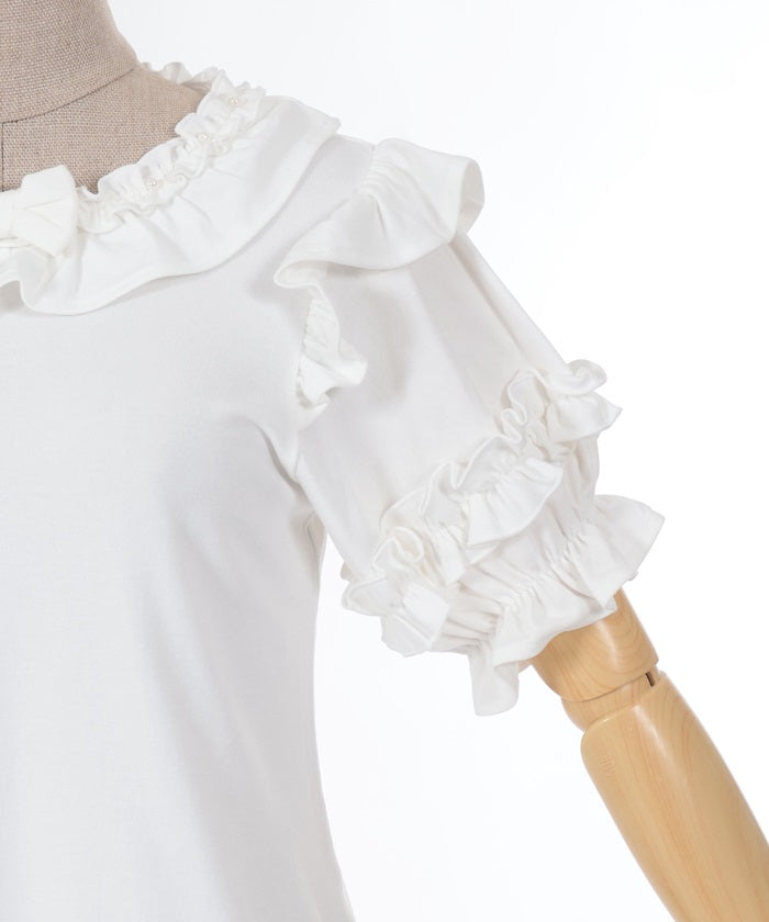 Frill Ribbon Short Sleeve Cut-and-Sewn Pullover