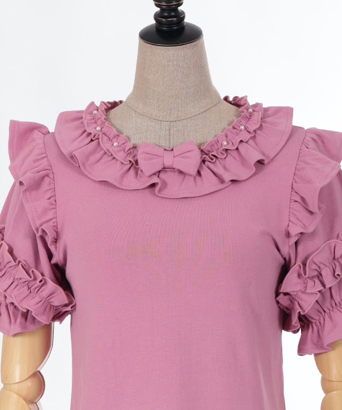 Frill Ribbon Short Sleeve Cut-and-Sewn Pullover