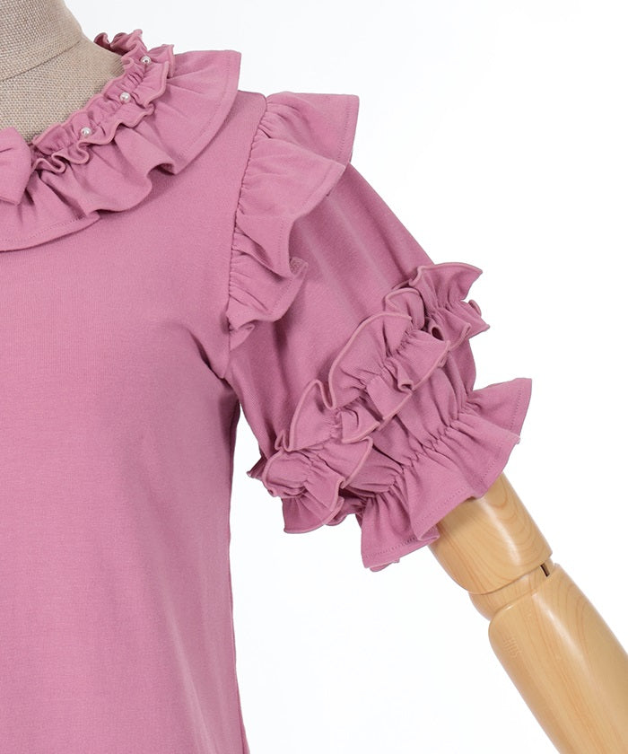 Frill Ribbon Short Sleeve Cut-and-Sewn Pullover