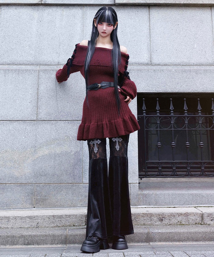 Lace Panel Velour Flare Pants