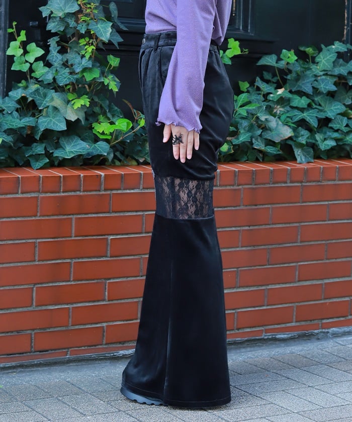 Lace Panel Velour Flare Pants