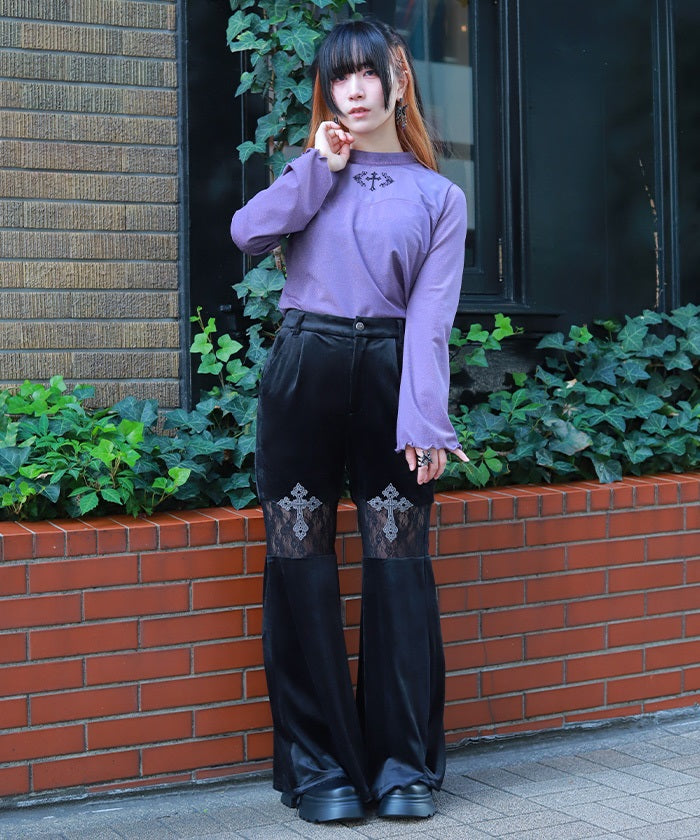 Lace Panel Velour Flare Pants