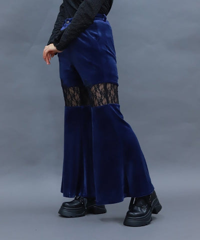 Lace Panel Velour Flare Pants