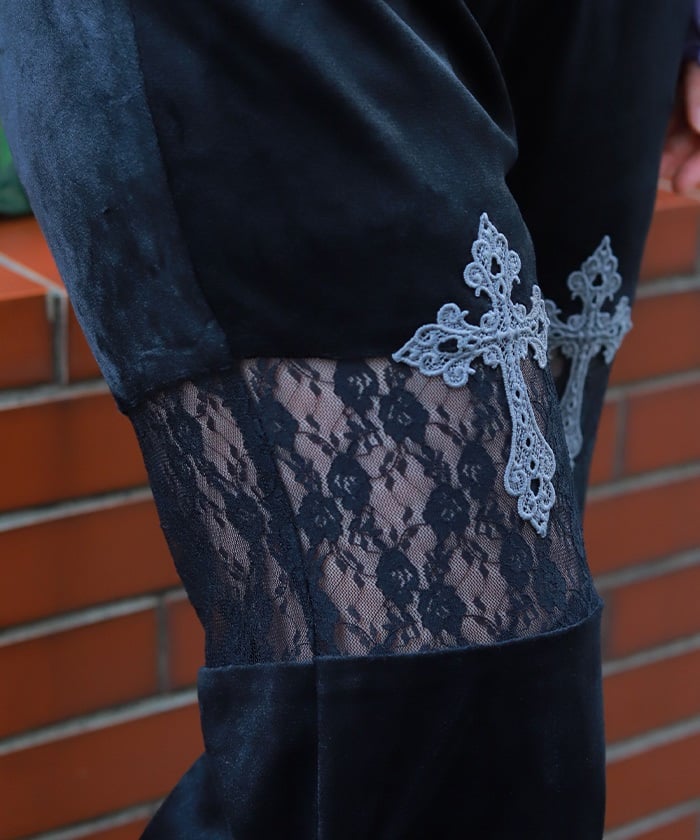 Lace Panel Velour Flare Pants