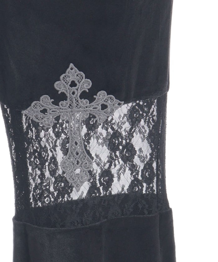 Lace Panel Velour Flare Pants