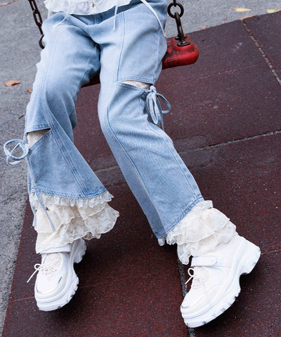 Slit & Ribbon Pants with Lace