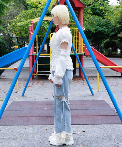 Slit & Ribbon Pants with Lace