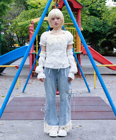 Slit & Ribbon Pants with Lace