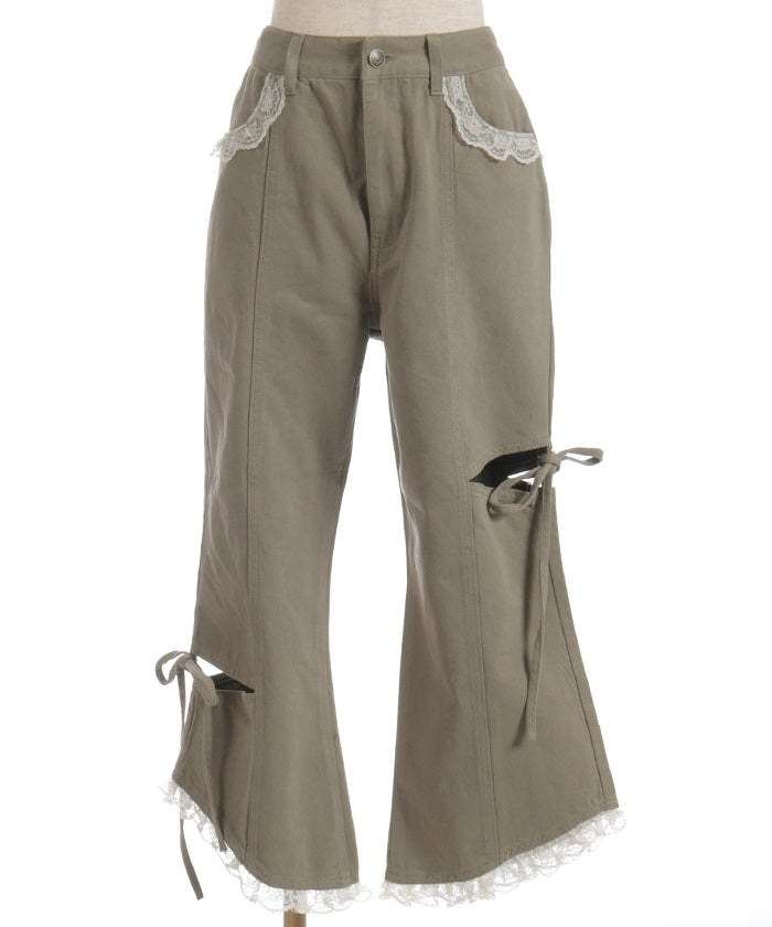 Slit & Ribbon Pants with Lace