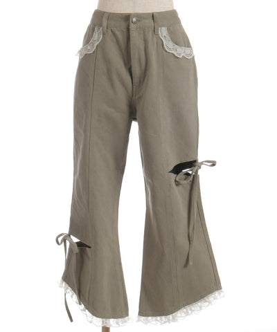 Slit & Ribbon Pants with Lace