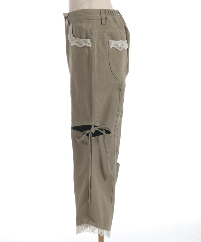 Slit & Ribbon Pants with Lace