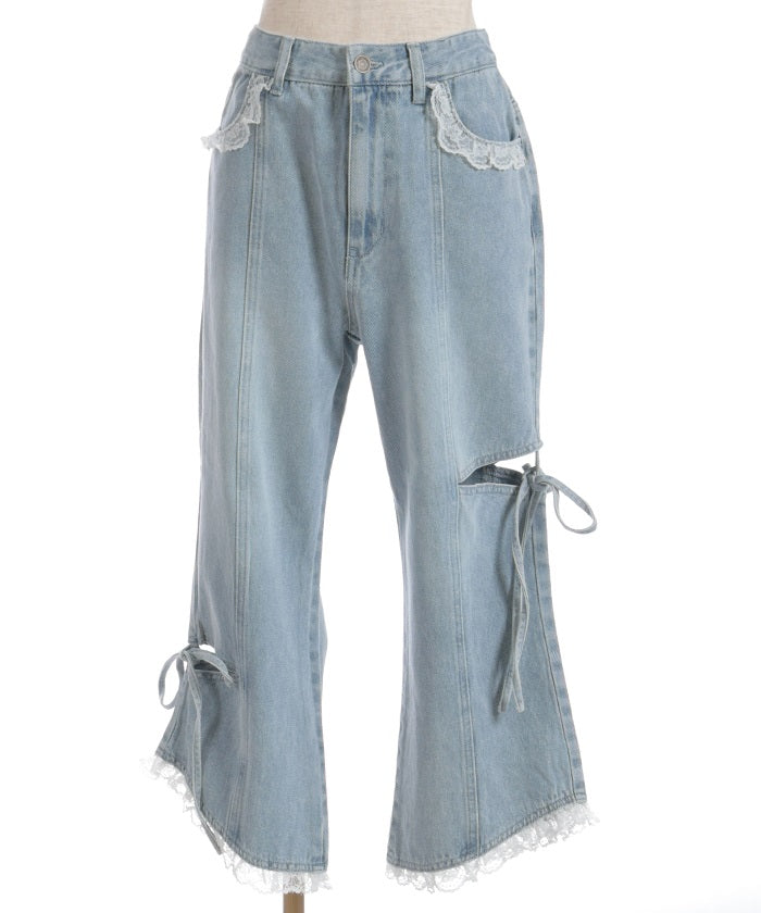 Slit & Ribbon Pants with Lace