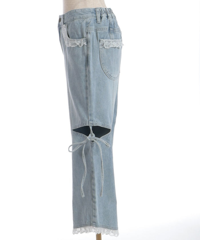 Slit & Ribbon Pants with Lace