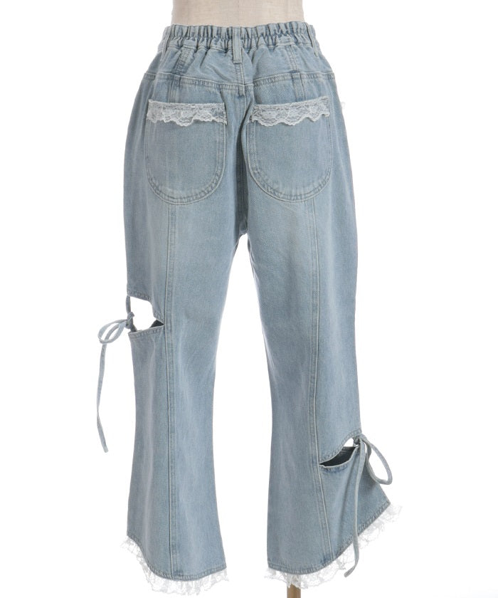 Slit & Ribbon Pants with Lace