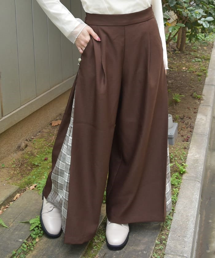 Row Buttons Side Plaid Panel Pants