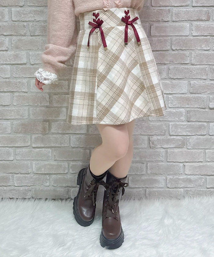 Double Ribbon Brushed Check Mini Skirt