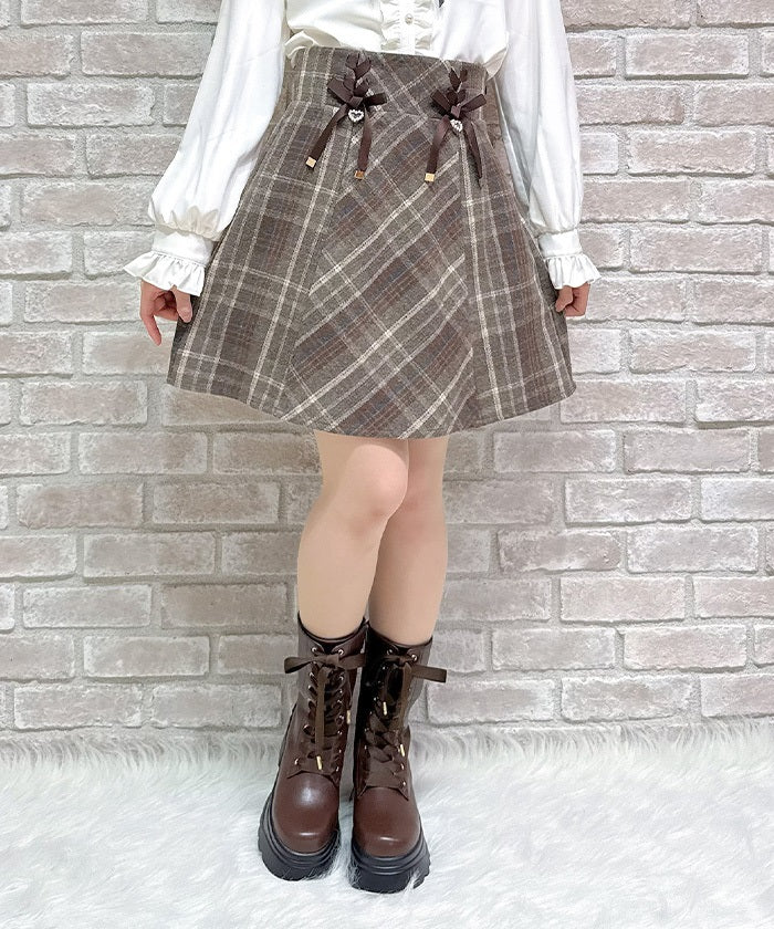 Double Ribbon Brushed Check Mini Skirt
