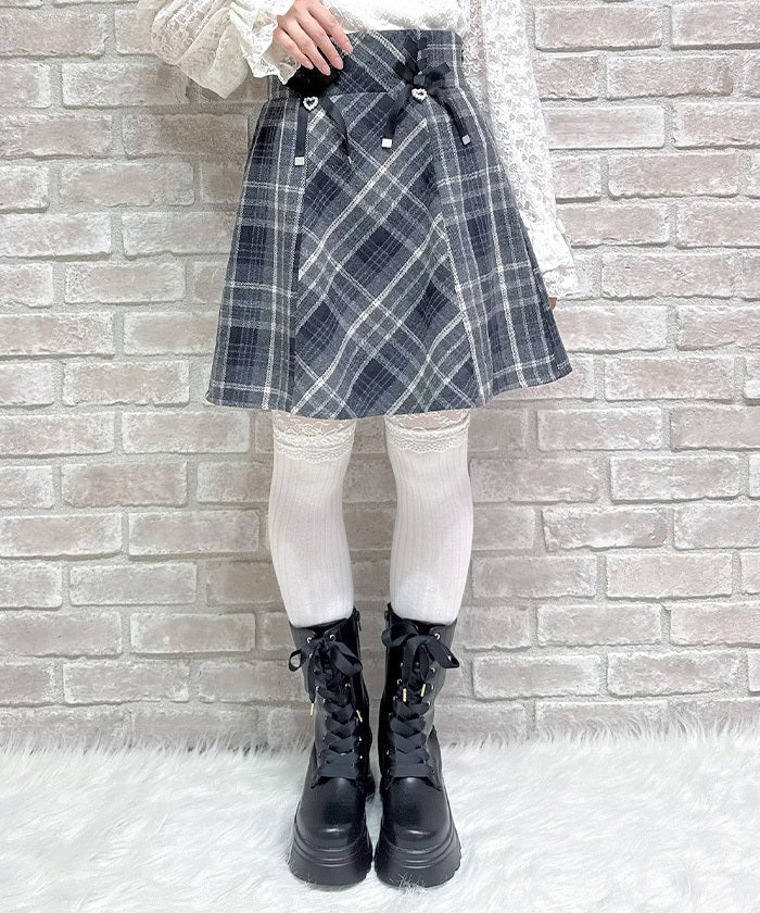 Double Ribbon Brushed Check Mini Skirt