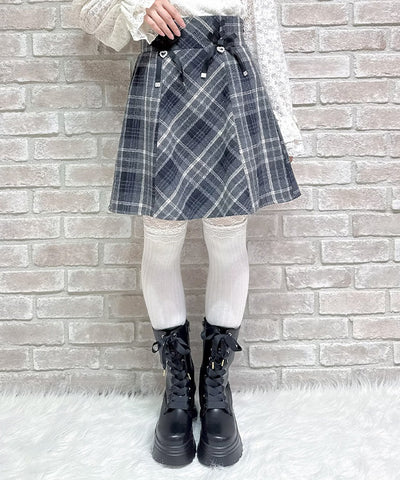Double Ribbon Brushed Check Mini Skirt