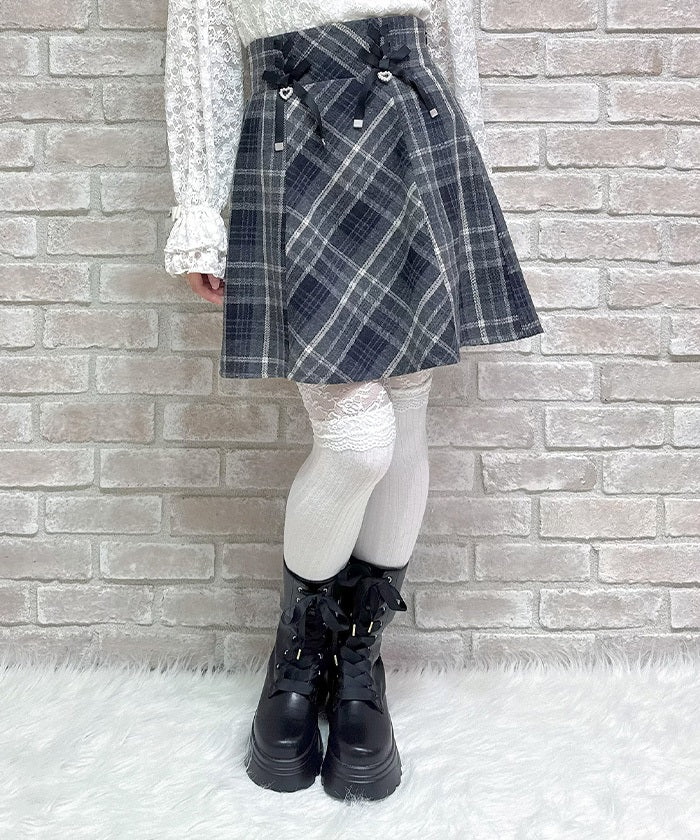 Double Ribbon Brushed Check Mini Skirt