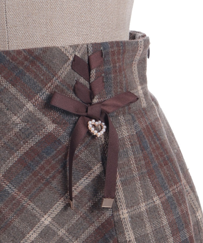 Double Ribbon Brushed Check Mini Skirt