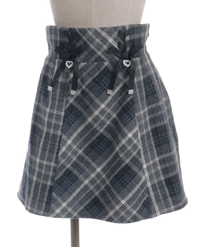 Double Ribbon Brushed Check Mini Skirt