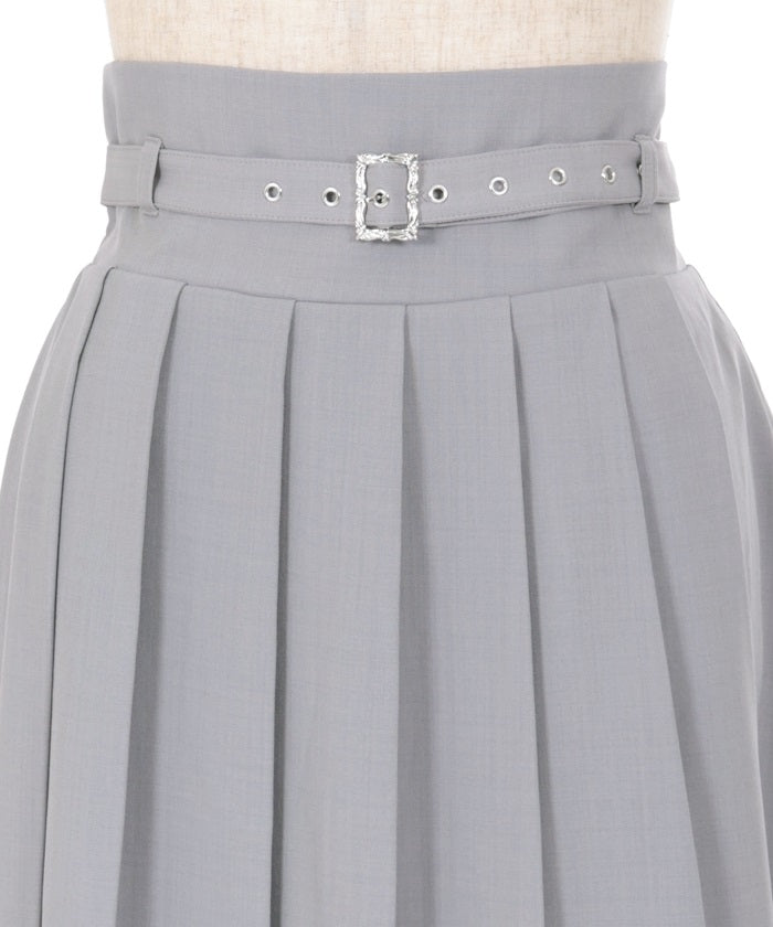 Slit Pleated Skirt with Belt