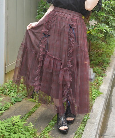 Drawstring Plaid Tulle Skirt