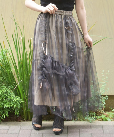 Drawstring Plaid Tulle Skirt