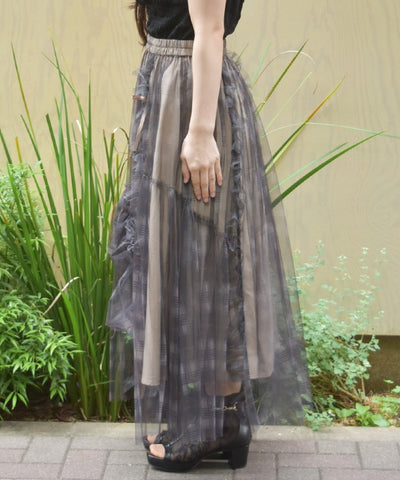 Drawstring Plaid Tulle Skirt