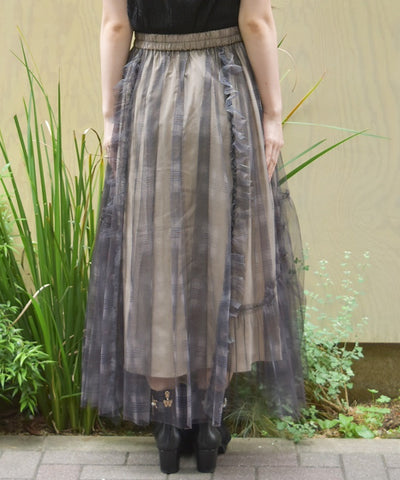 Drawstring Plaid Tulle Skirt