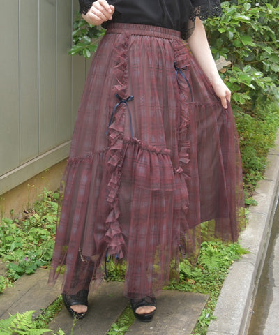 Drawstring Plaid Tulle Skirt