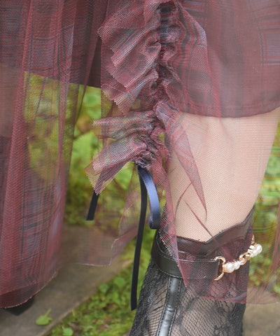 Drawstring Plaid Tulle Skirt